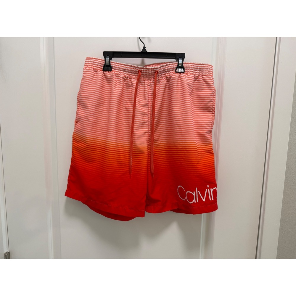 Calvin Klein Mens Swim Trunks Orange Red Ombre Striped Board Shorts Size L